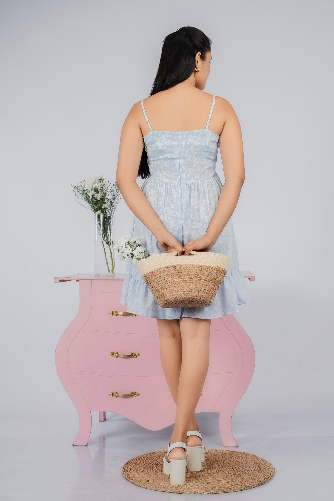 Blooming White Flower Blue Mini Dress