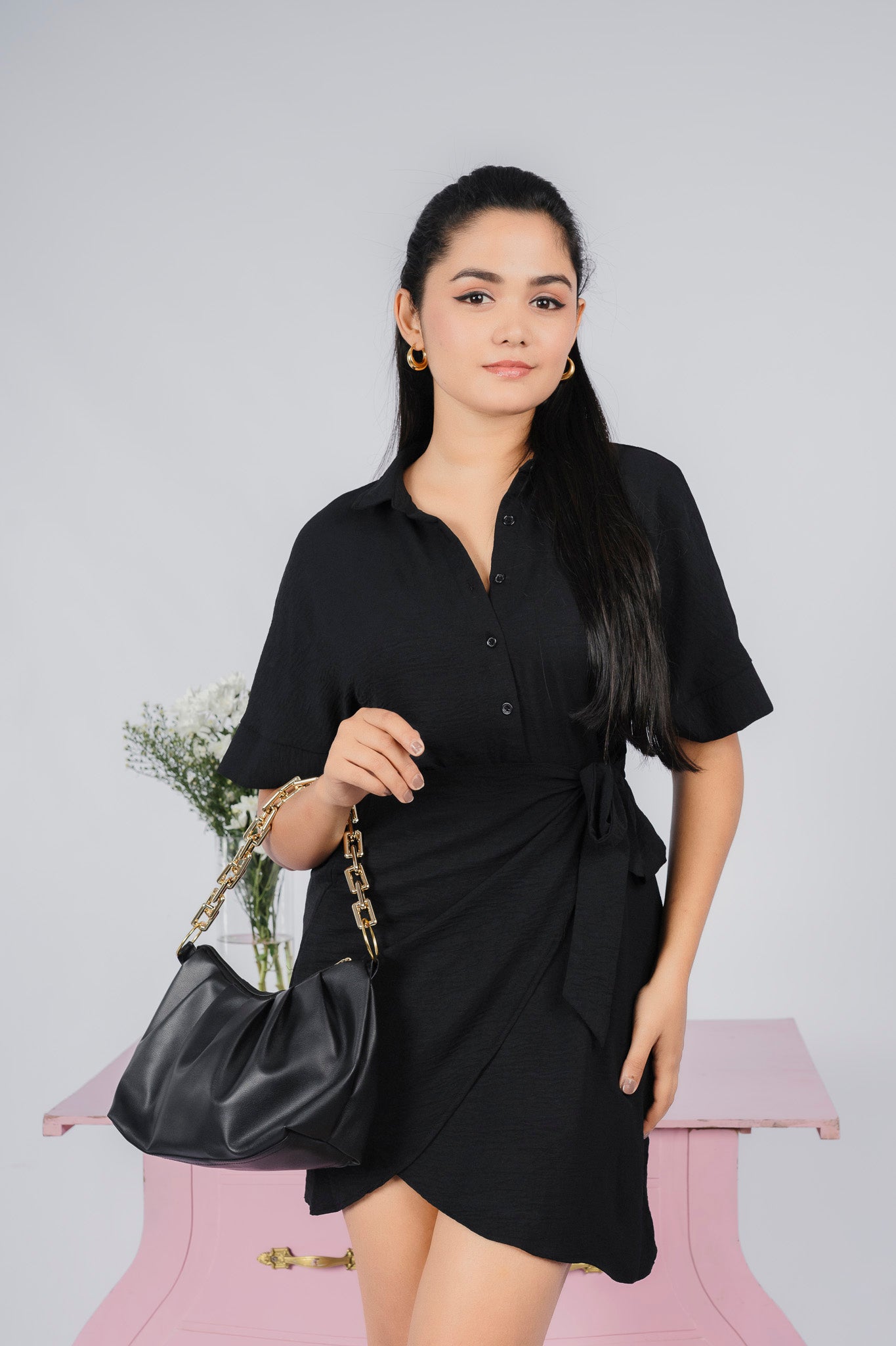 Loriya Black Mock Wrap Button Down Mini Dress