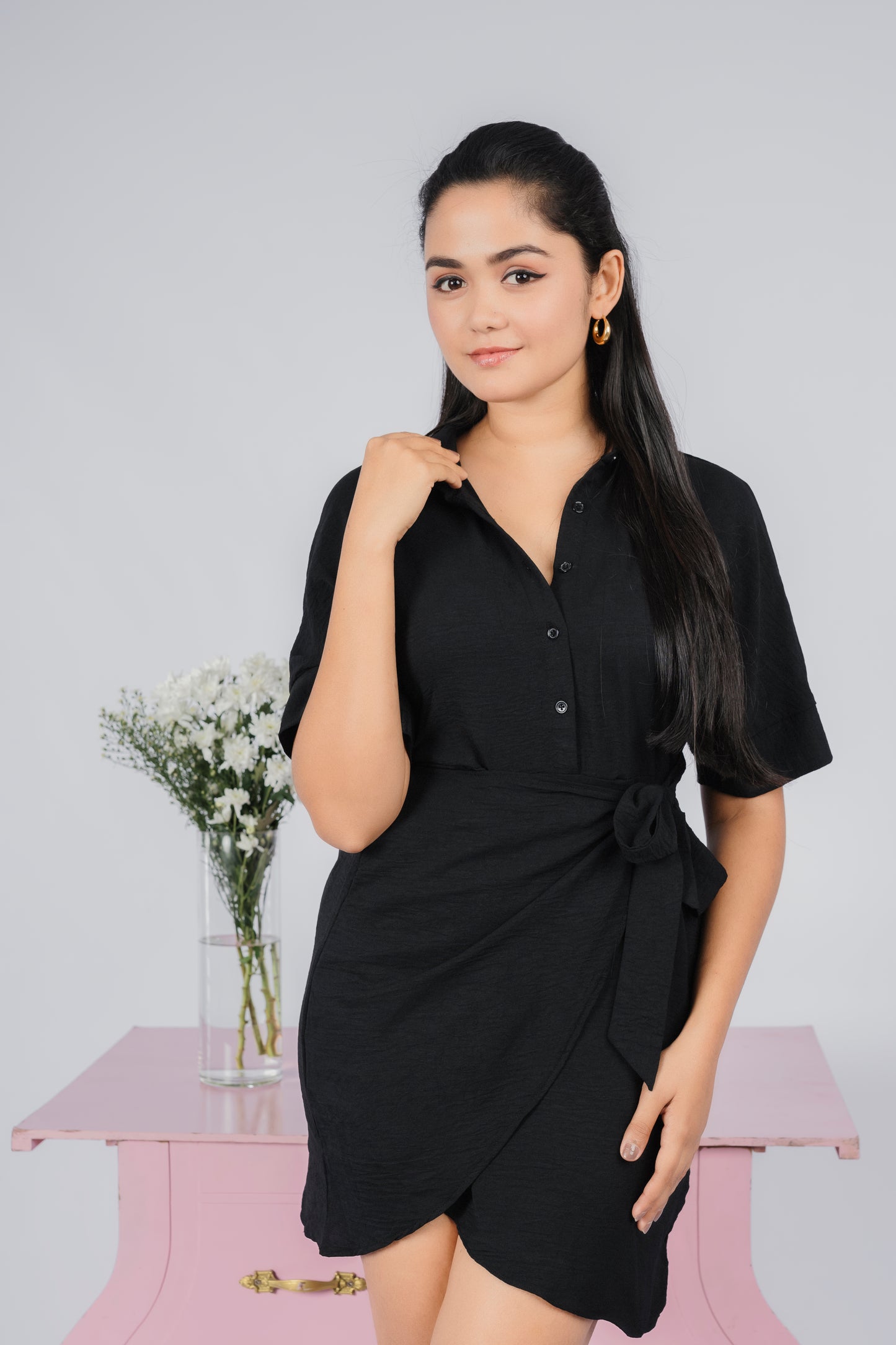 Loriya Black Mock Wrap Button Down Mini Dress