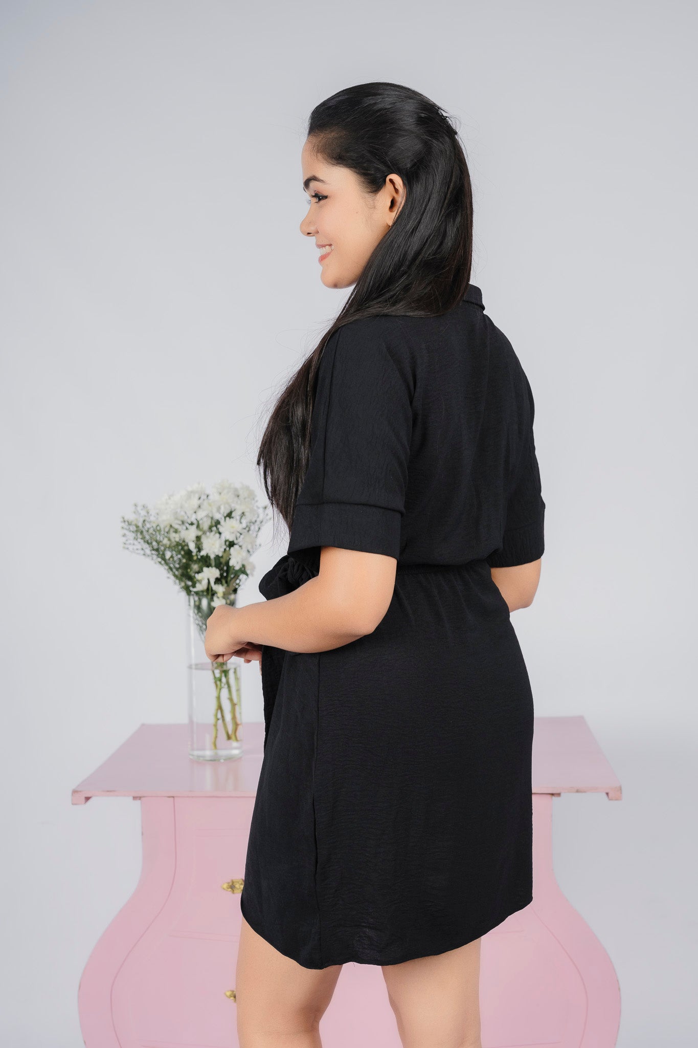 Loriya Black Mock Wrap Button Down Mini Dress