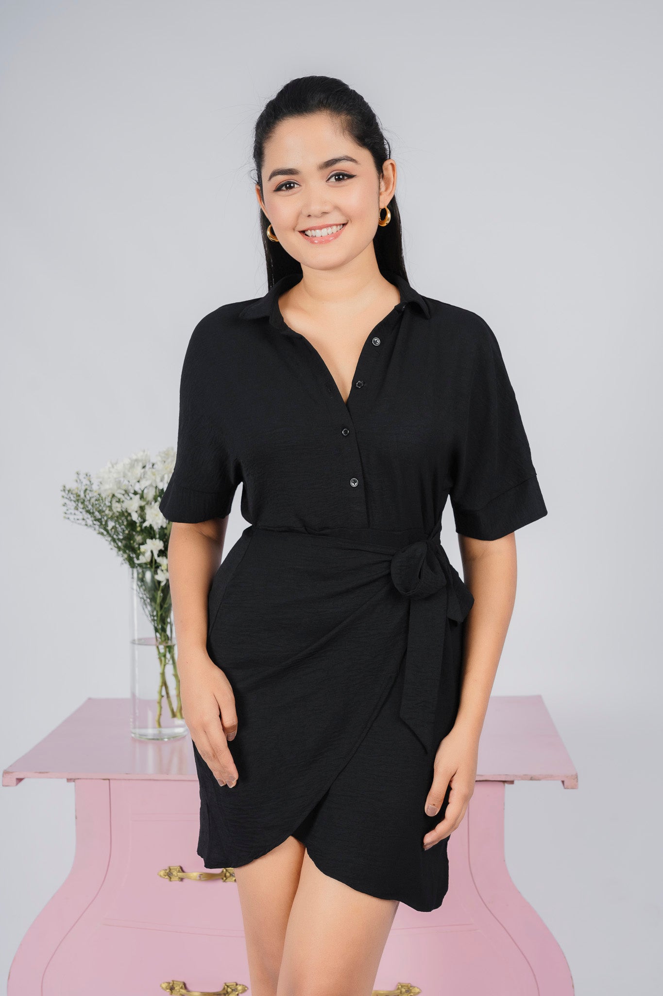Loriya Black Mock Wrap Button Down Mini Dress