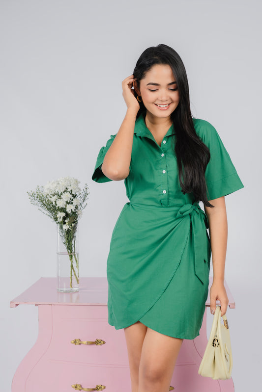 Loriya Mock Wrap Button Down Mini Dress