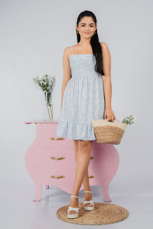 Blooming White Flower Blue Mini Dress