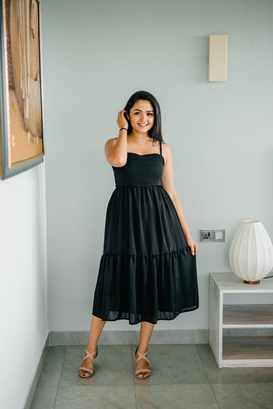 Frilled Midi Black Dress