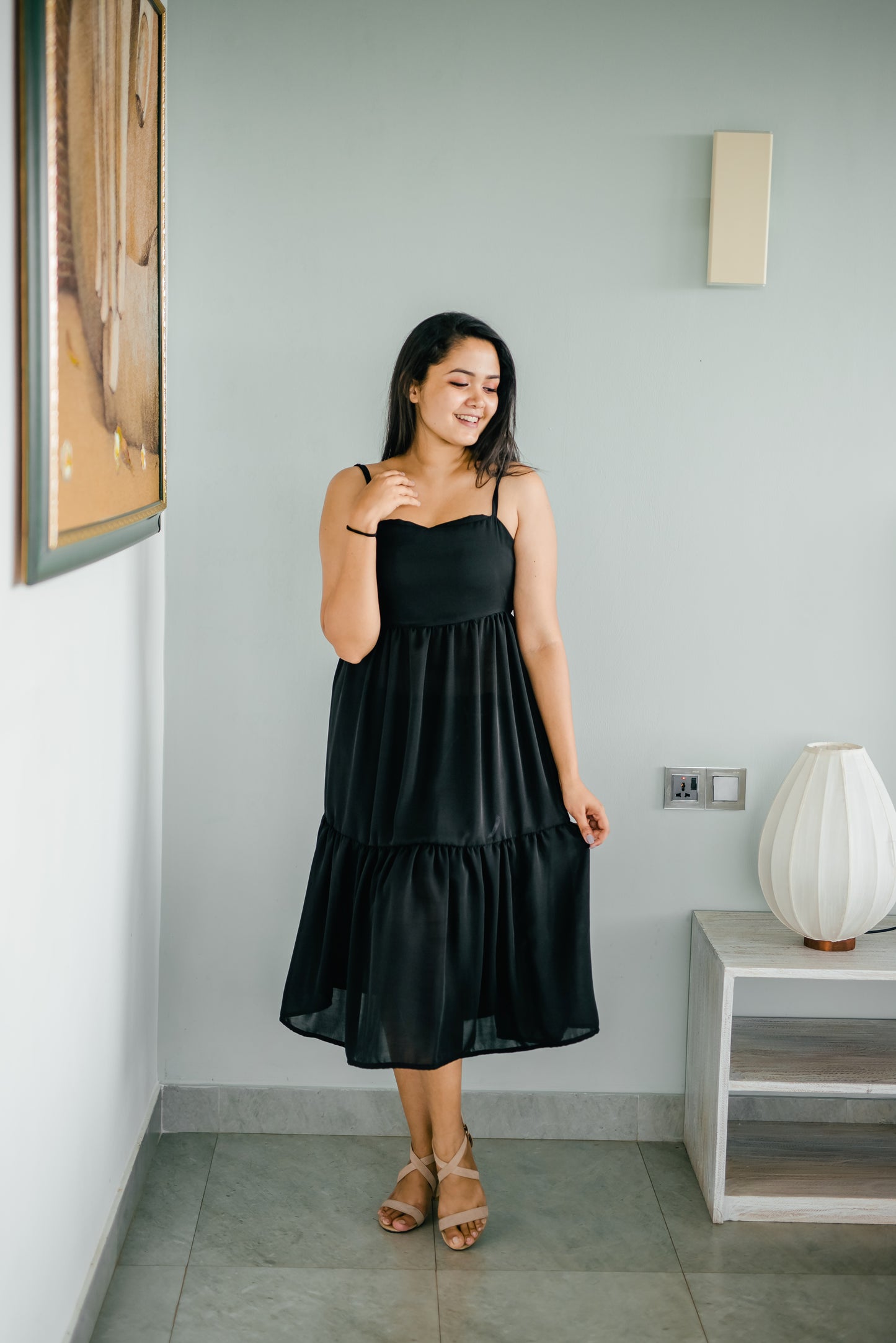Frilled Midi Black Dress