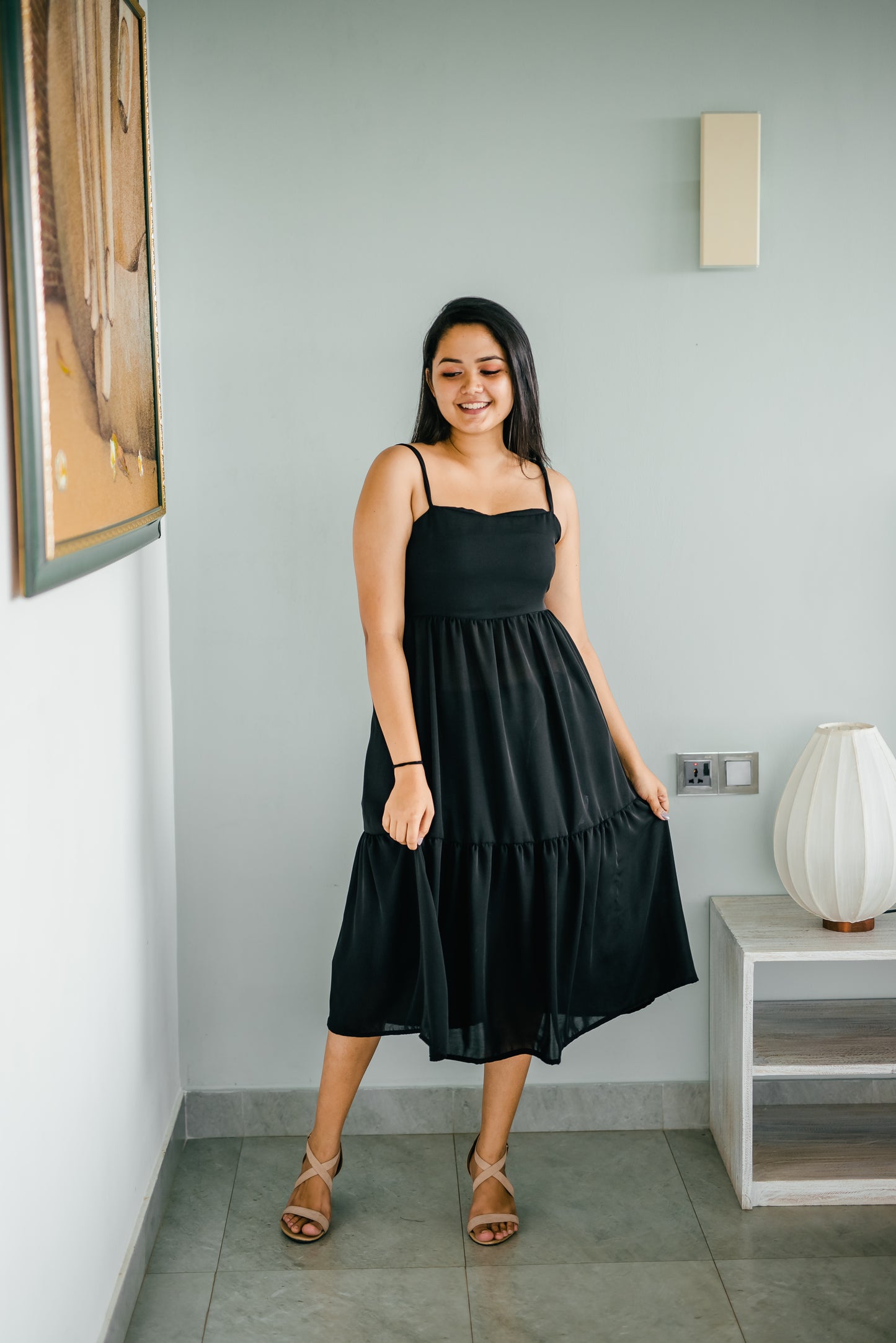 Frilled Midi Black Dress
