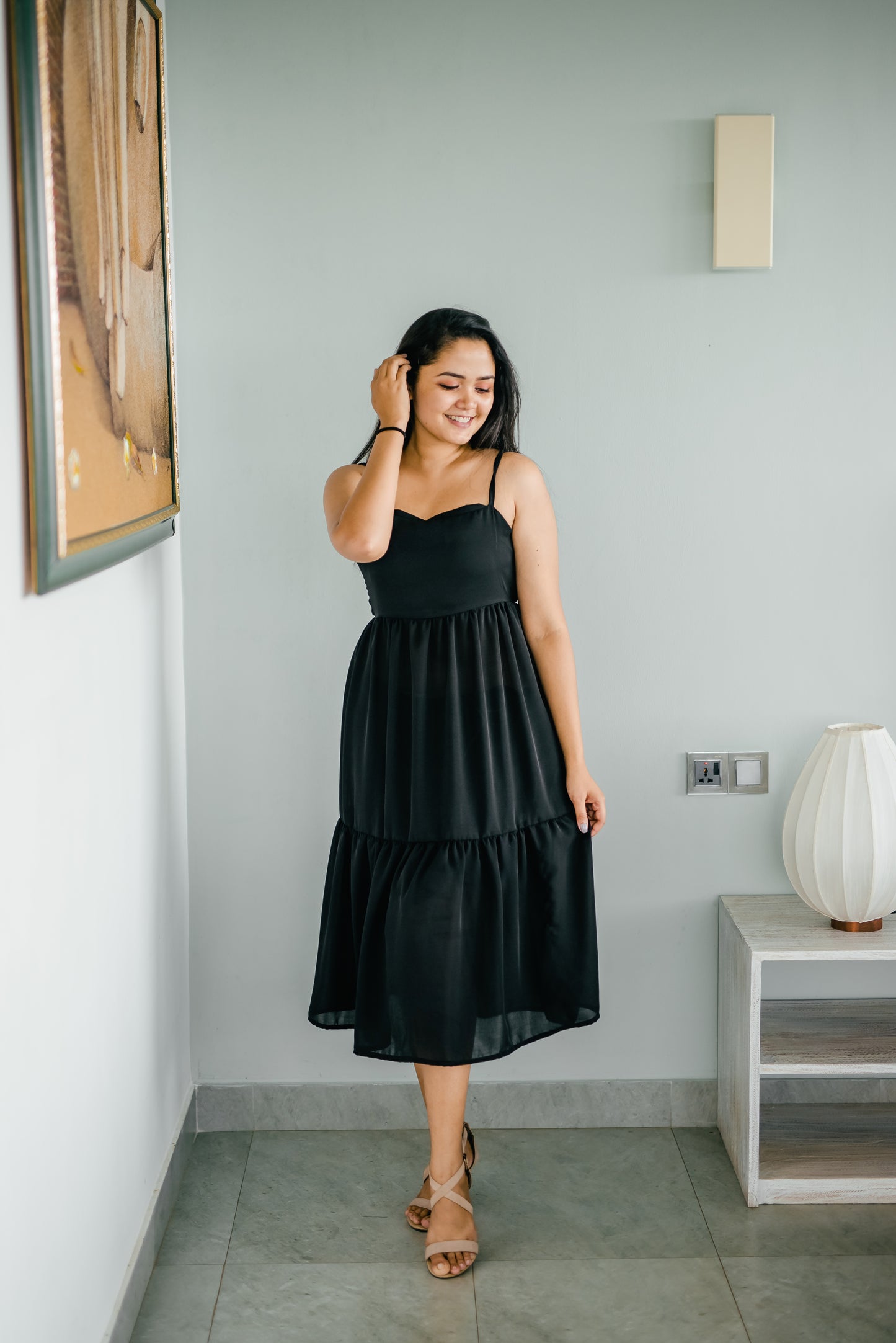 Frilled Midi Black Dress
