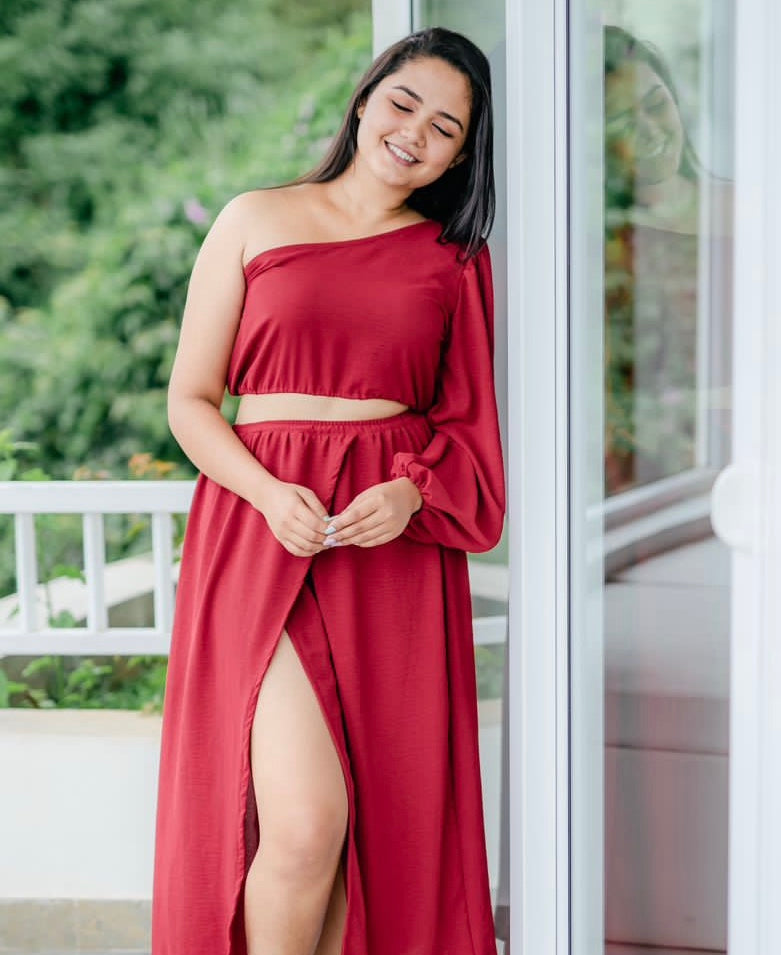 One-Shoulder Crop Top and Wraparound Skirt