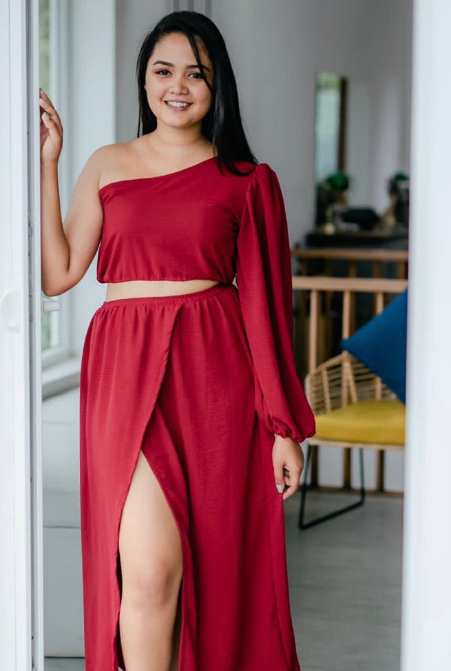 One-Shoulder Crop Top and Wraparound Skirt