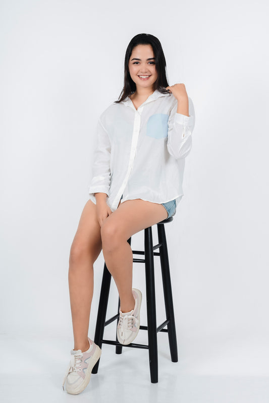 Blue Pocket White Shirt