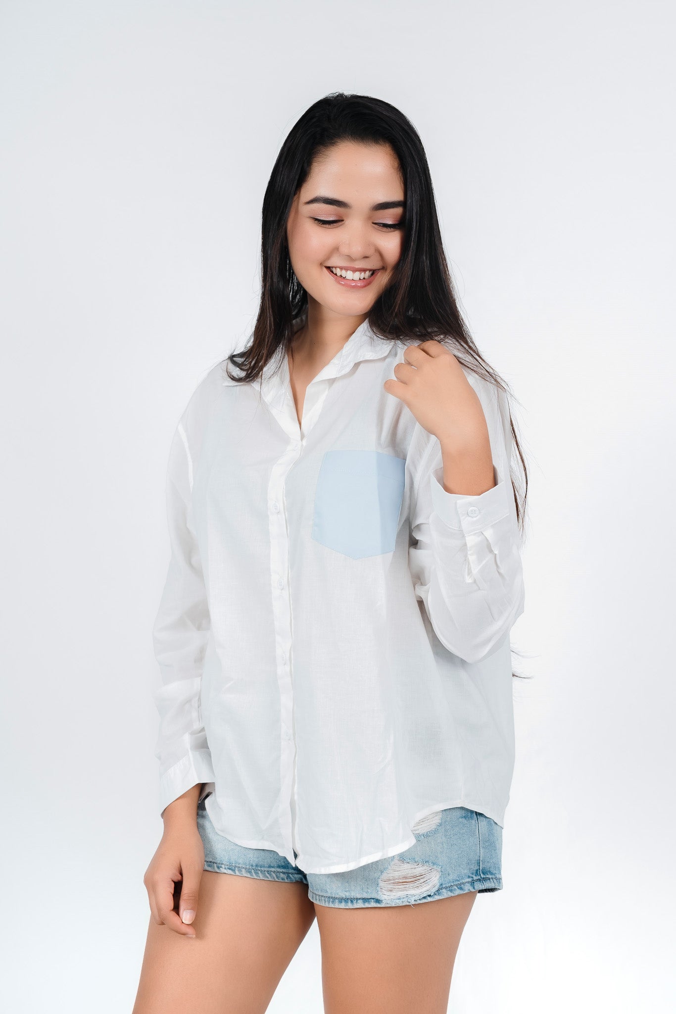 Blue Pocket White Shirt